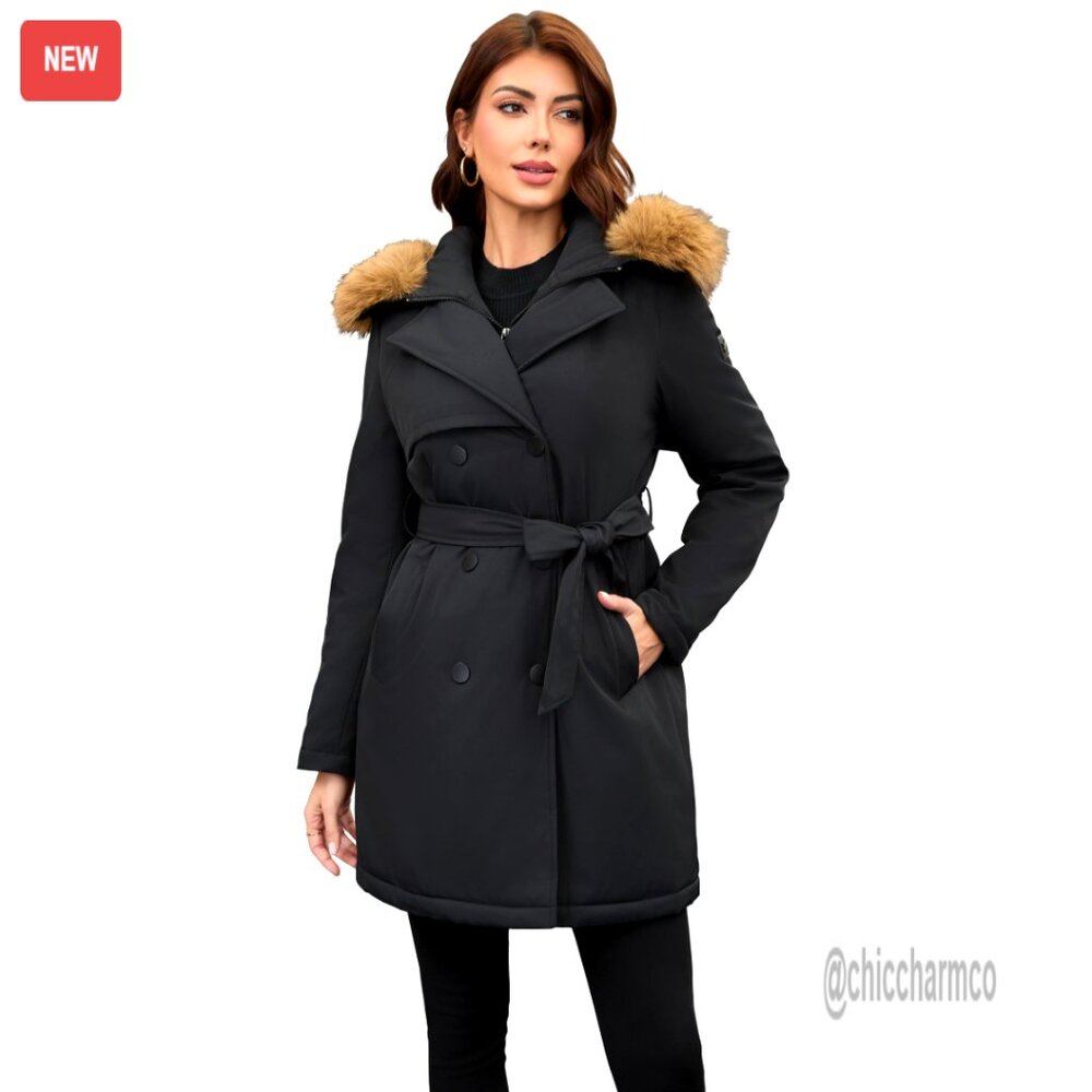 Mid-Length Trench Coat With Detachable Faux Fur Collar, Belted Waist